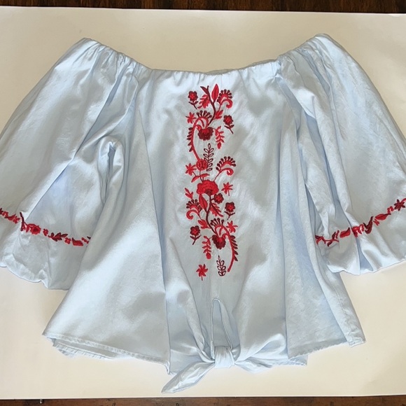 Zara Trafaluc Off The Shoulder Blue Blouse Red Floral Embroidery Size M Boho - Picture 2 of 6